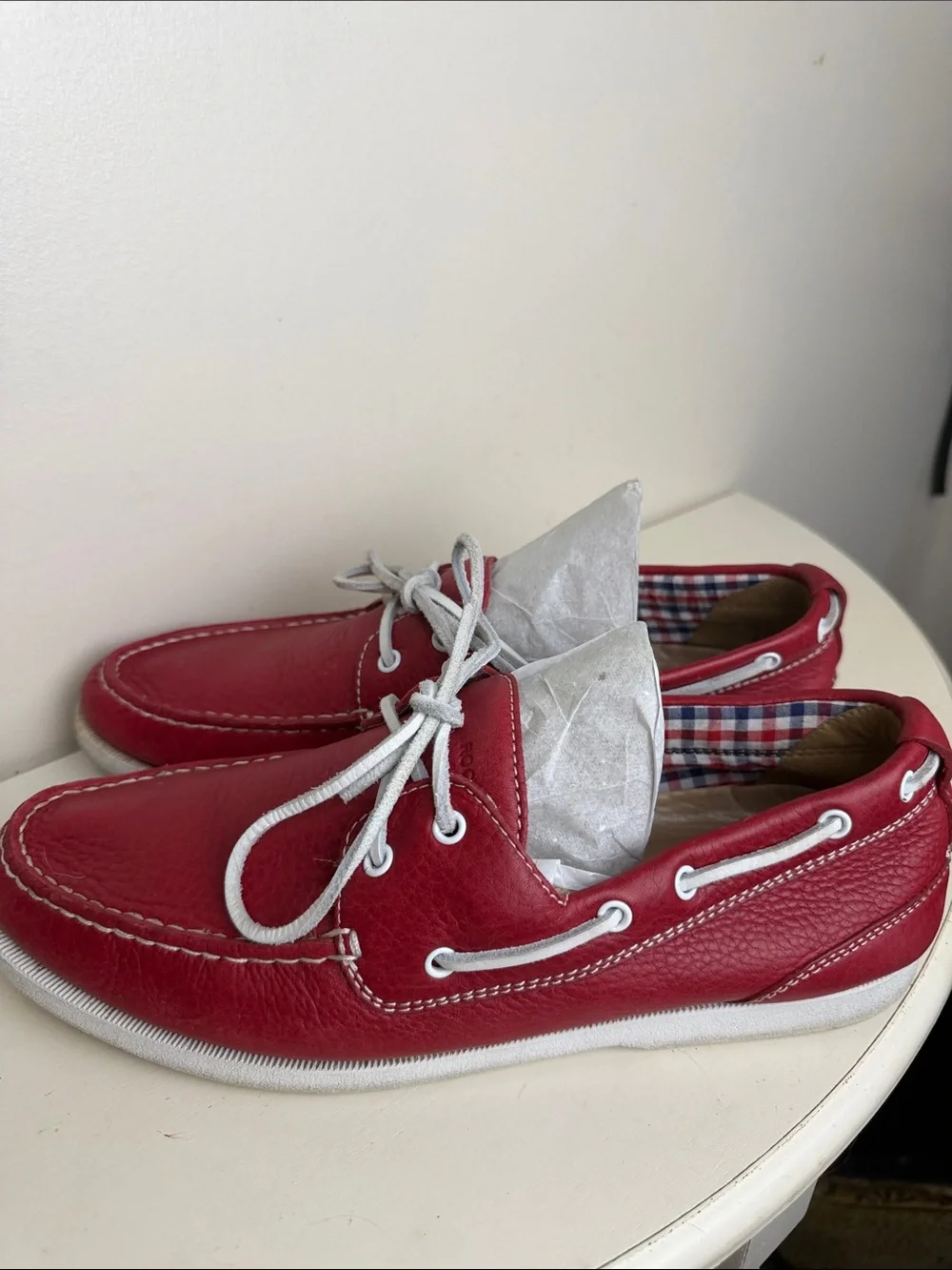 Rockport Men's Red Leather Boat Shoes with White Laces